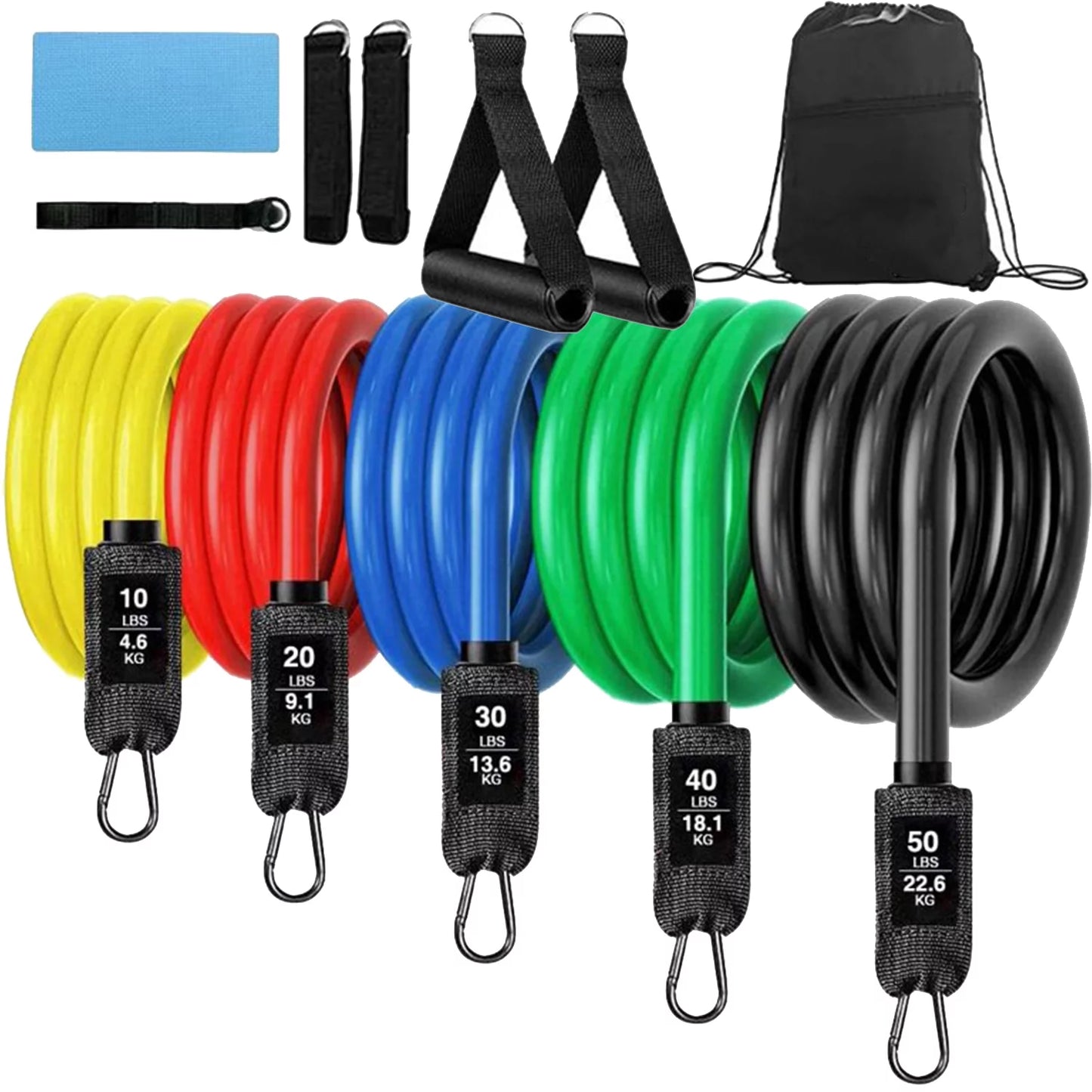 11-piece resistance tube band set for yoga, abs and fitness, including multiple tubes, handles, ankle straps, door anchor and carry bag — ideal for home gym full-body workouts.