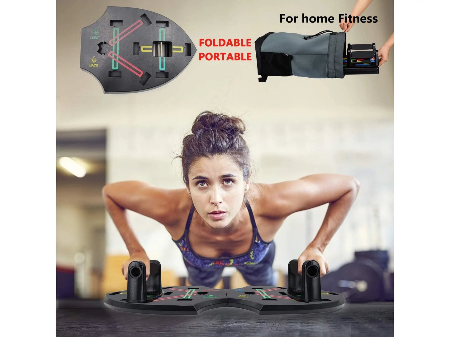 Man using push up rack board system with resistance bands in home gym.