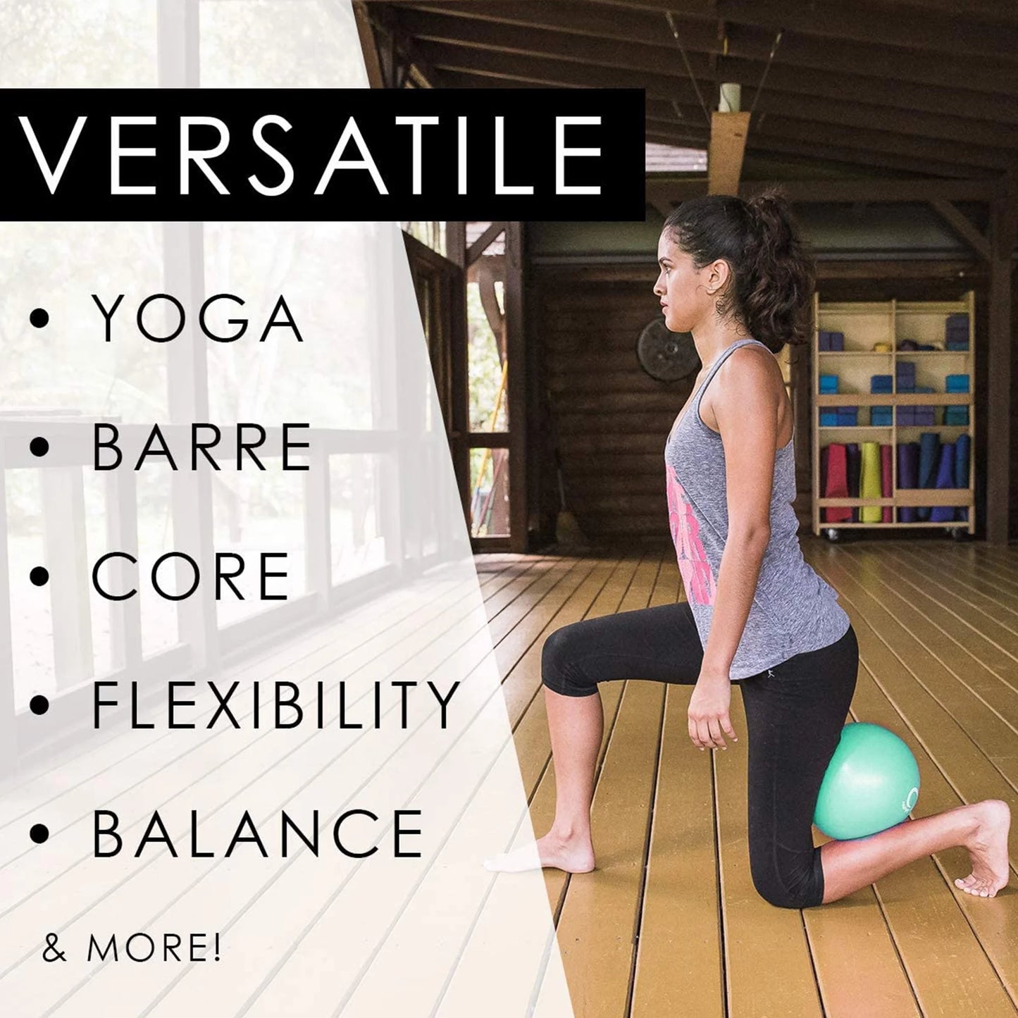 9 inch Pilates ball workout equipment in mint color, inflatable fitness ball sold with hand pump and mesh carry bag for home core stability and balance training in yoga or exercise routines.