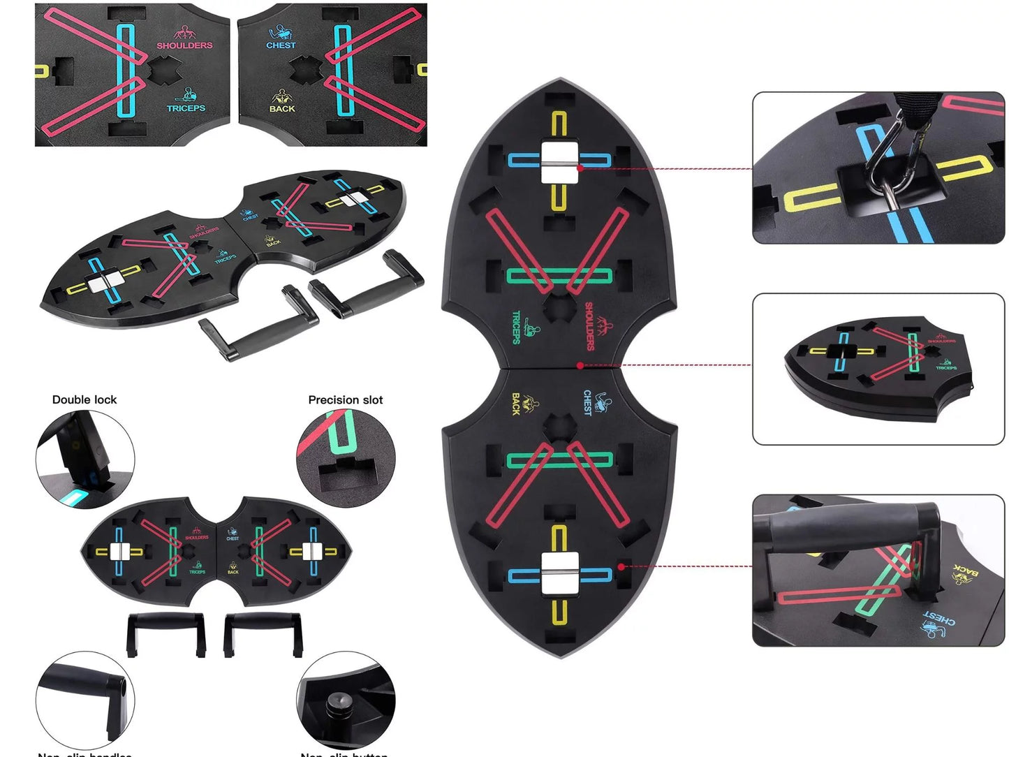 Portable push up training board color-coded for chest, shoulders, triceps, and back.