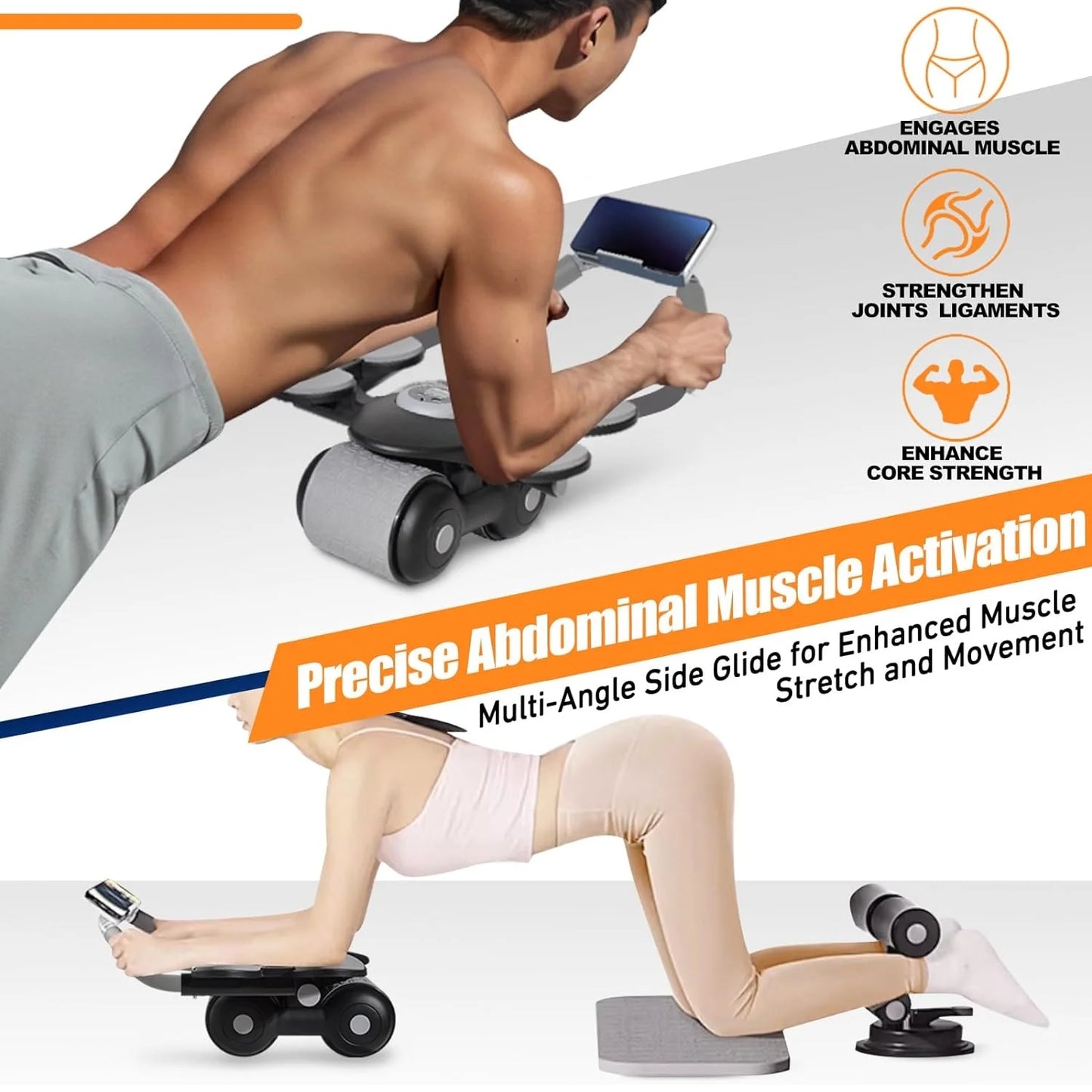 User performing ab rollout with roller on knee mat, showing full extension, core engagement, and how the timer screen is clearly visible during exercise.
