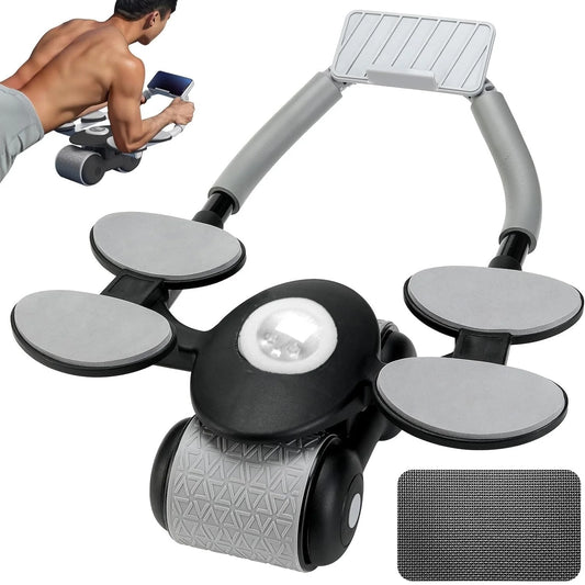 Ab roller wheel with built-in timer and included knee mat, automatic rebound mechanism and padded handles, designed for core workouts and abdominal strengthening.