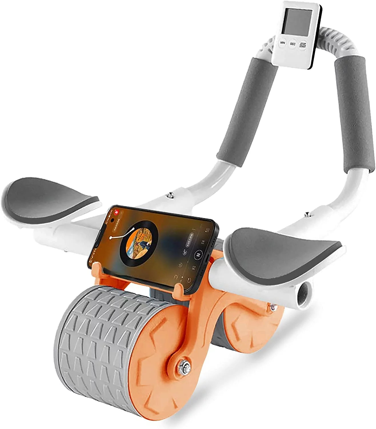 Ab wheel automatic return core trainer with elbow support, timer display, and anti-slip ergonomic handles — perfect for home fitness and progressive abdominal training routines