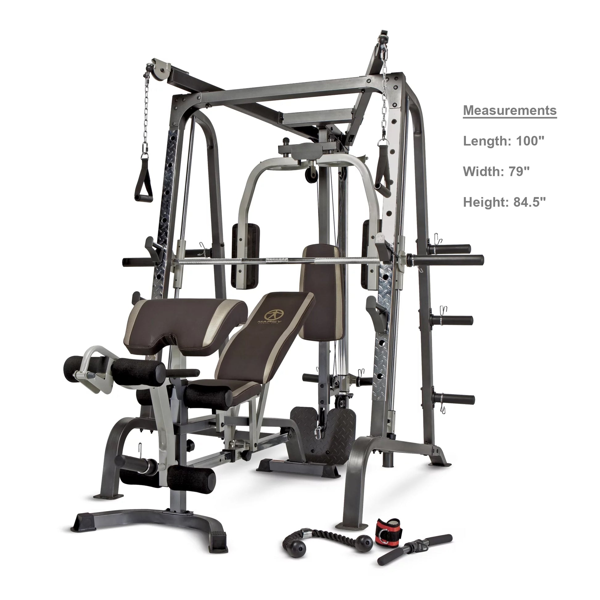 Accessories included with MD-9010G kit — lat bar, triceps rope, ankle strap, cable handles, and chains — laid out to show full package.