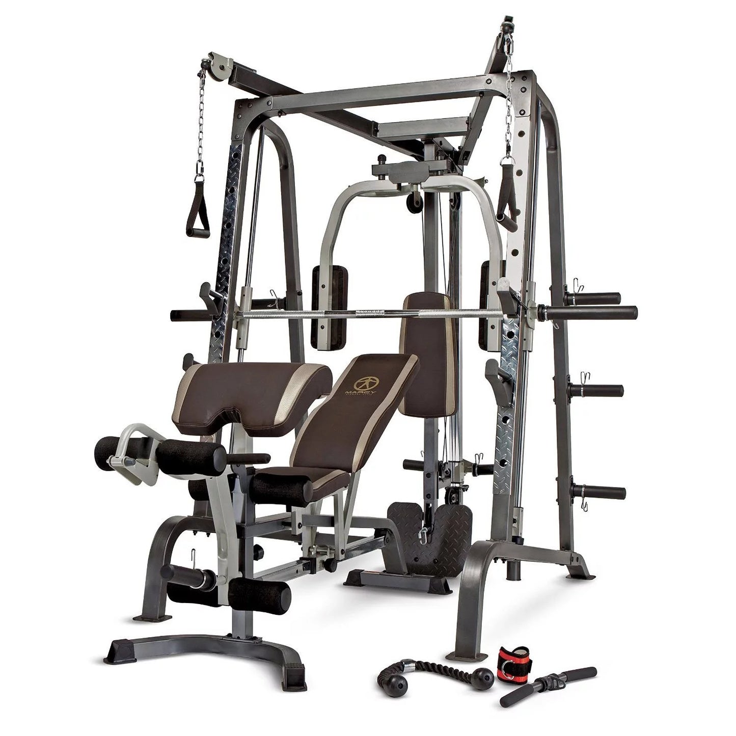 Adjustable bench attached to the cage showing multiple backrest angle positions — incline, decline, flat — integrated for pressing and bench routines.