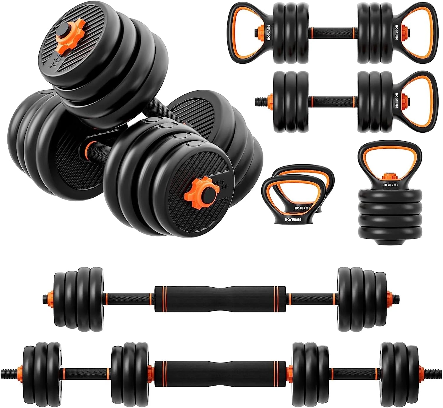 Adjustable dumbbell set 77 lbs full fitness kit including barbell, kettlebell, push-up attachments and free weights — multi-function home gym equipment for versatile strength training