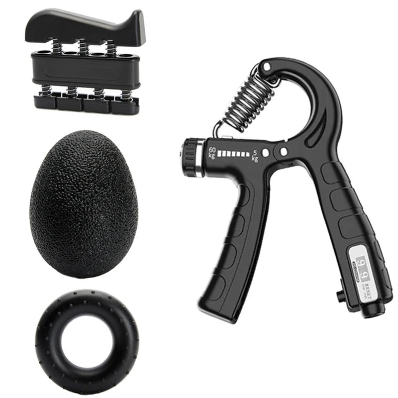Adjustable 5-60 kg hand gripper with packaging and included parts, showing the product presentation and contents for buyers to inspect.
