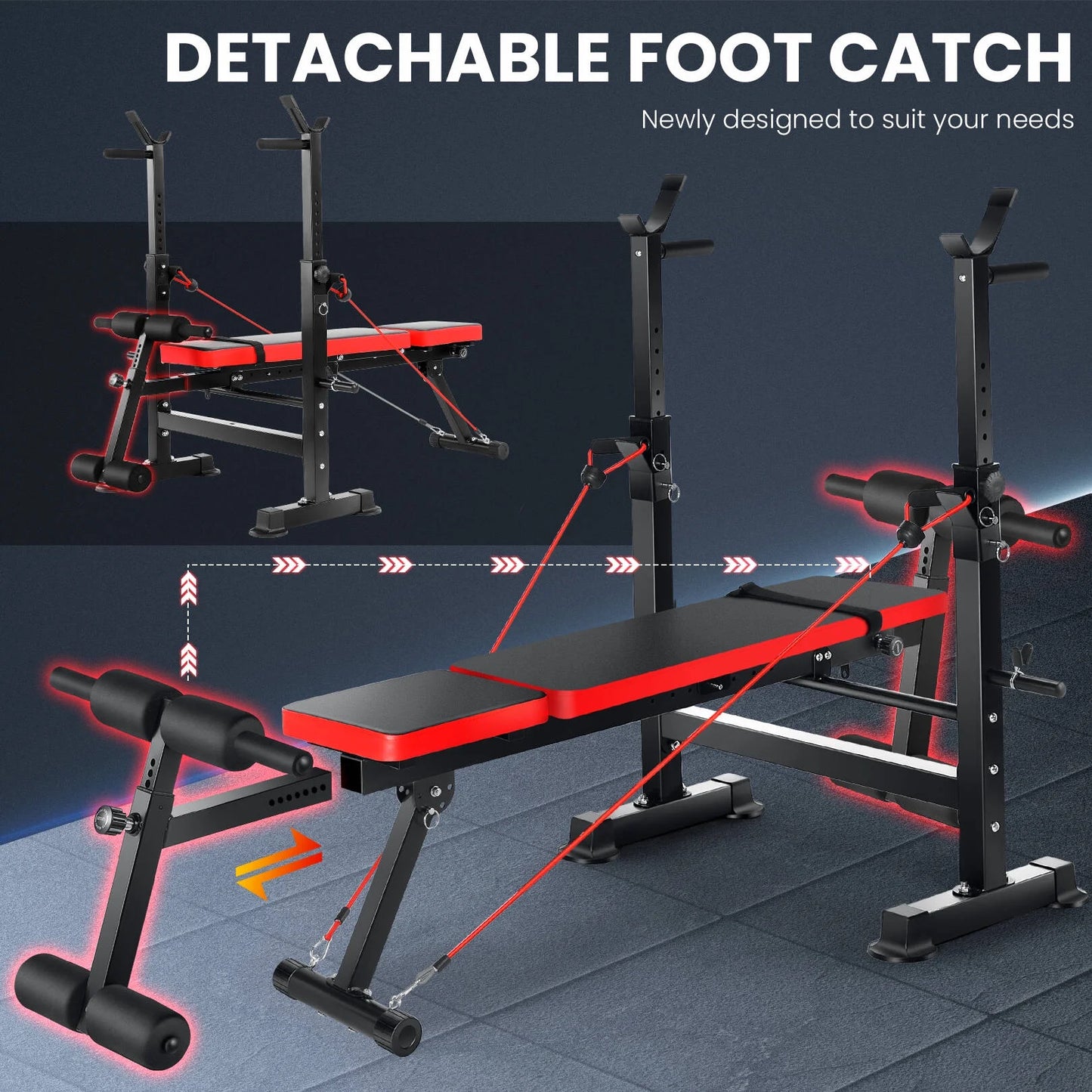 Adjustable 6-in-1 weight bench set with barbell rack, resistance bands, and removable foot bracket designed for home gym training, bench press, strength workouts, and versatile exercise routines