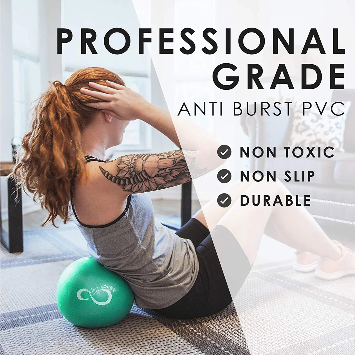 Anti-burst 9 inch pilates ball in mint, ideal for core exercises, stability training, yoga and pilates accessory with mesh bag included for portability and storage convenience.