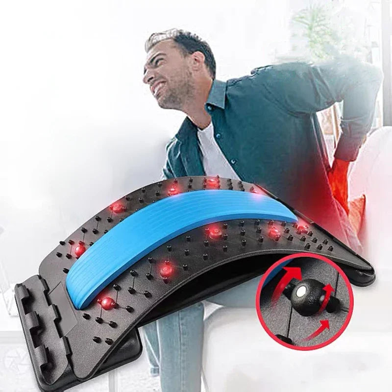 Different curvature levels of the back stretcher visible through adjustment slots, showing how users can customize arch height for comfort and decompression.