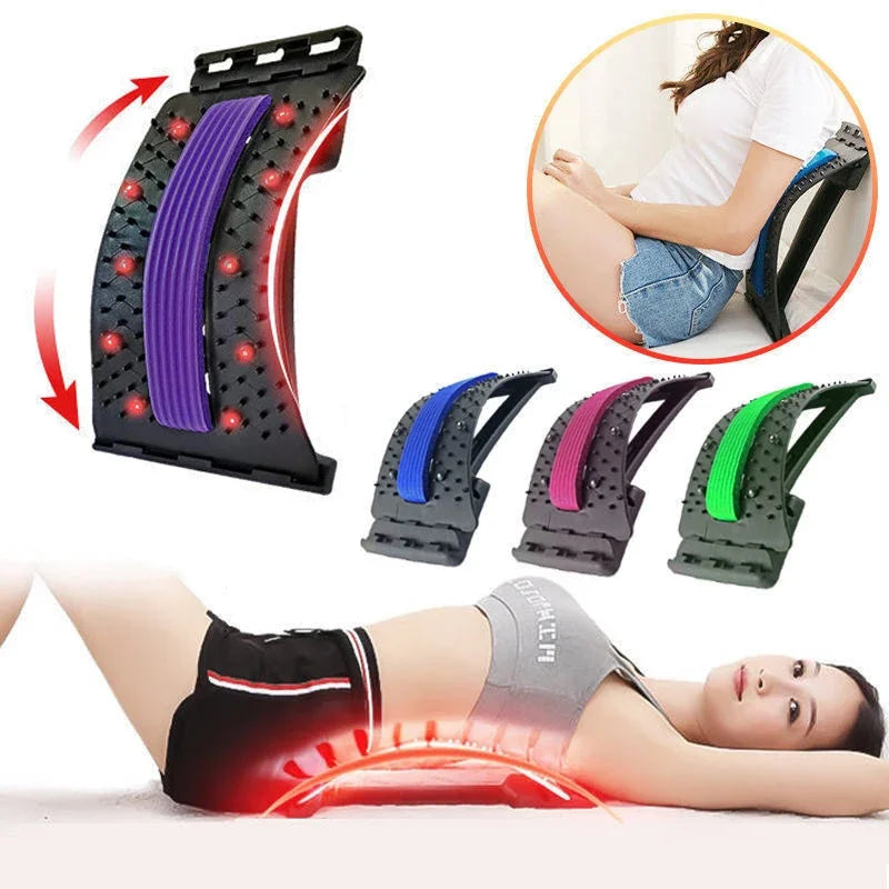 User lying on the back stretcher performing a lumbar stretch, demonstrating how the arch supports the spine and relieves tension in lower back and waist.