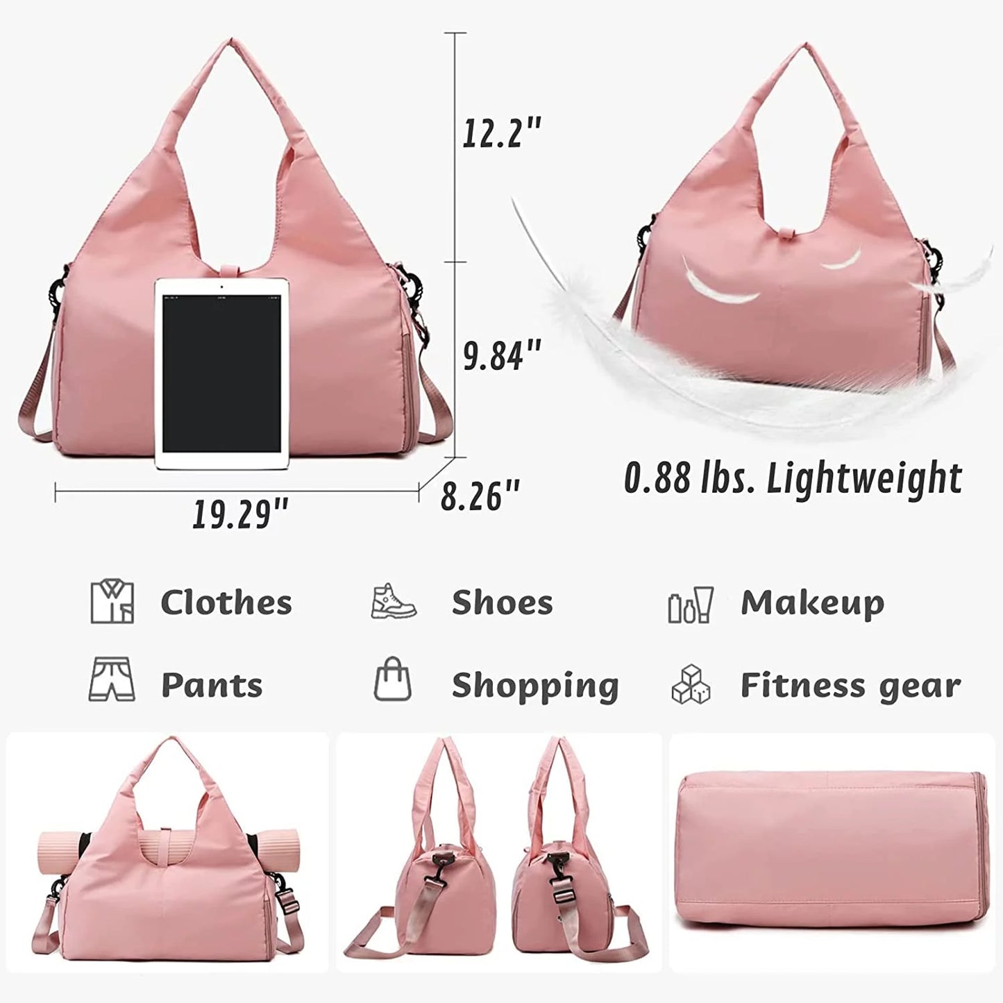 Duffel bag showing yoga mat strapped on top via adjustable holder, demonstrating ease of carrying mat along with regular gym gear.