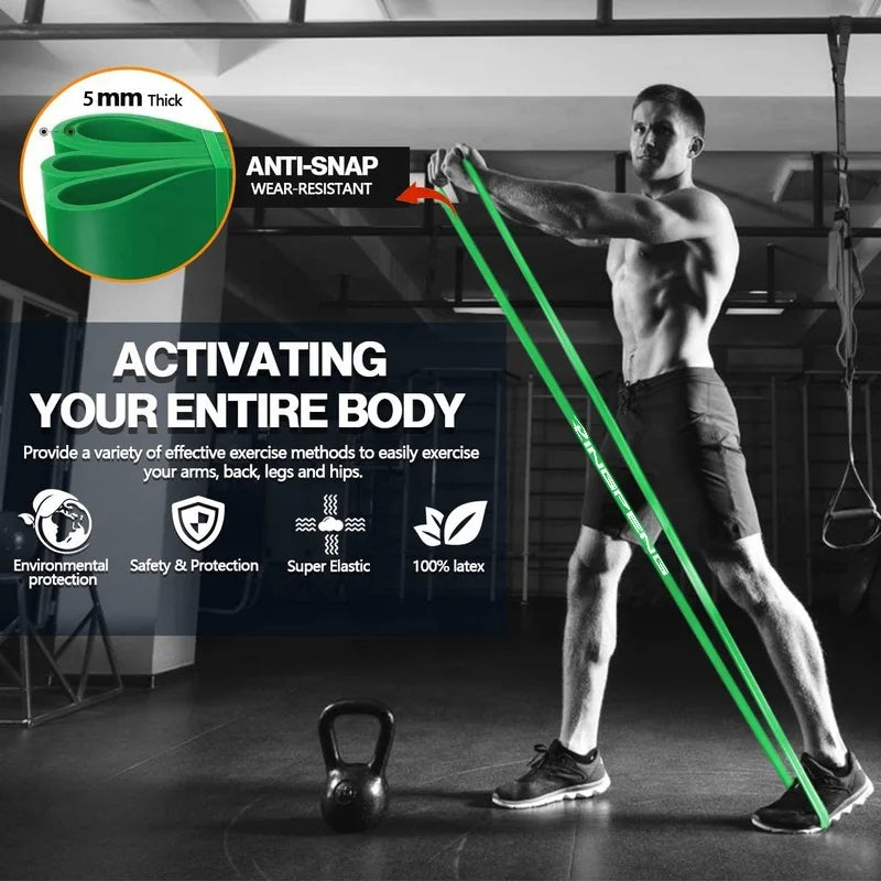 Resistance band looped around thighs during squat exercise, demonstrating use for glute activation, control, and banded leg training.