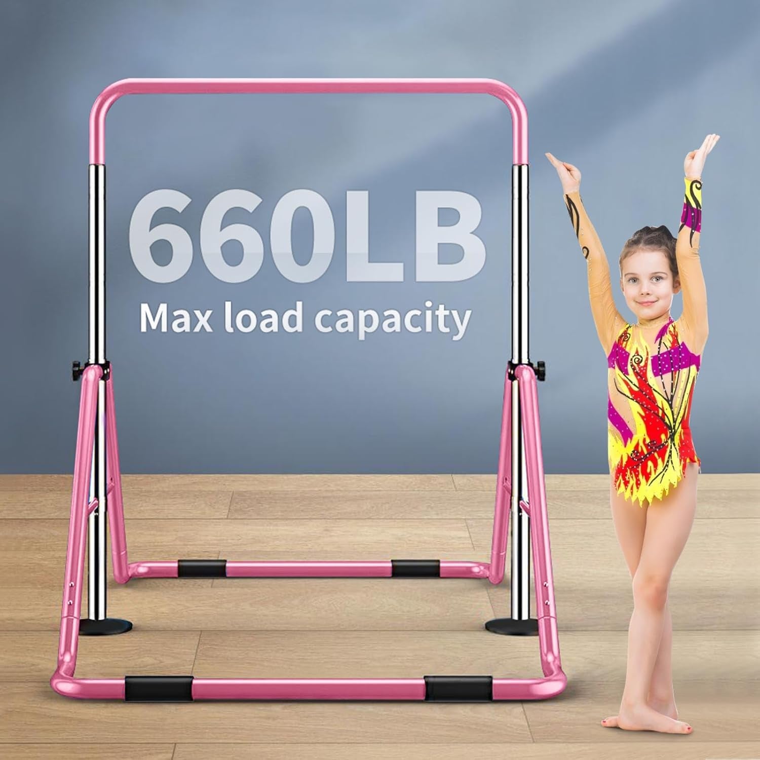 Gymnastics bar parts laid out in packaging, showing what buyers receive: frame pieces, adjustment pins, instructions, and hardware.