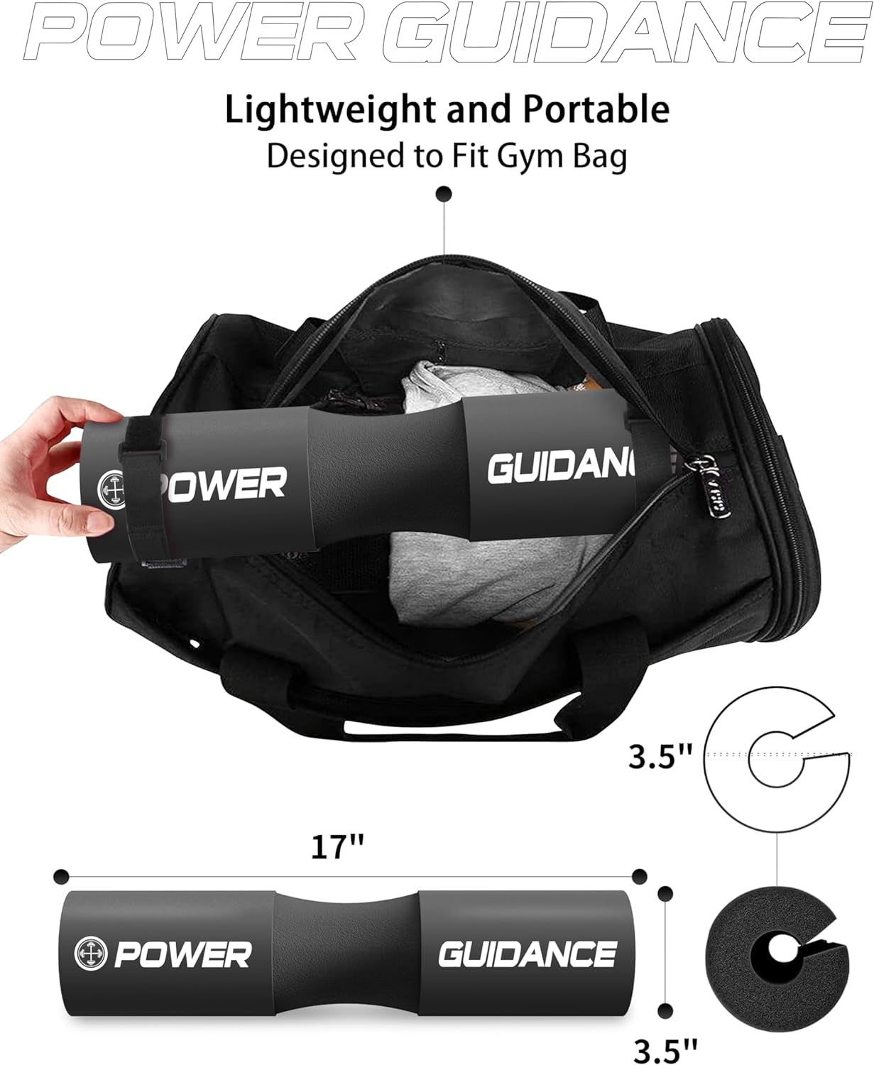 Barbell pad rolled up to showcase foam thickness, length, cushioning capacity, and ability to wrap around standard and Olympic barbells for strength training use.