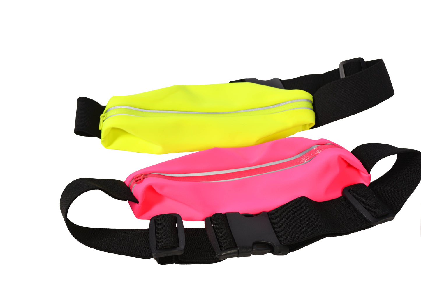Athlete wearing the waist pack while running, showing how it hugs the body, how reflective elements enhance visibility, and how it stays stable during movement
