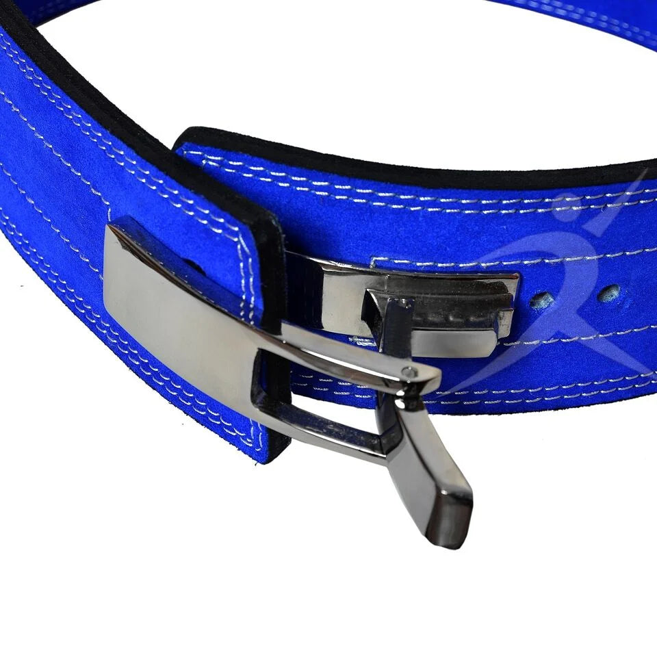 Weight lifting lever pro belt laid flat on a white background, showing precise stitching, edge finish, and red-white-blue color stripe pattern across leather.