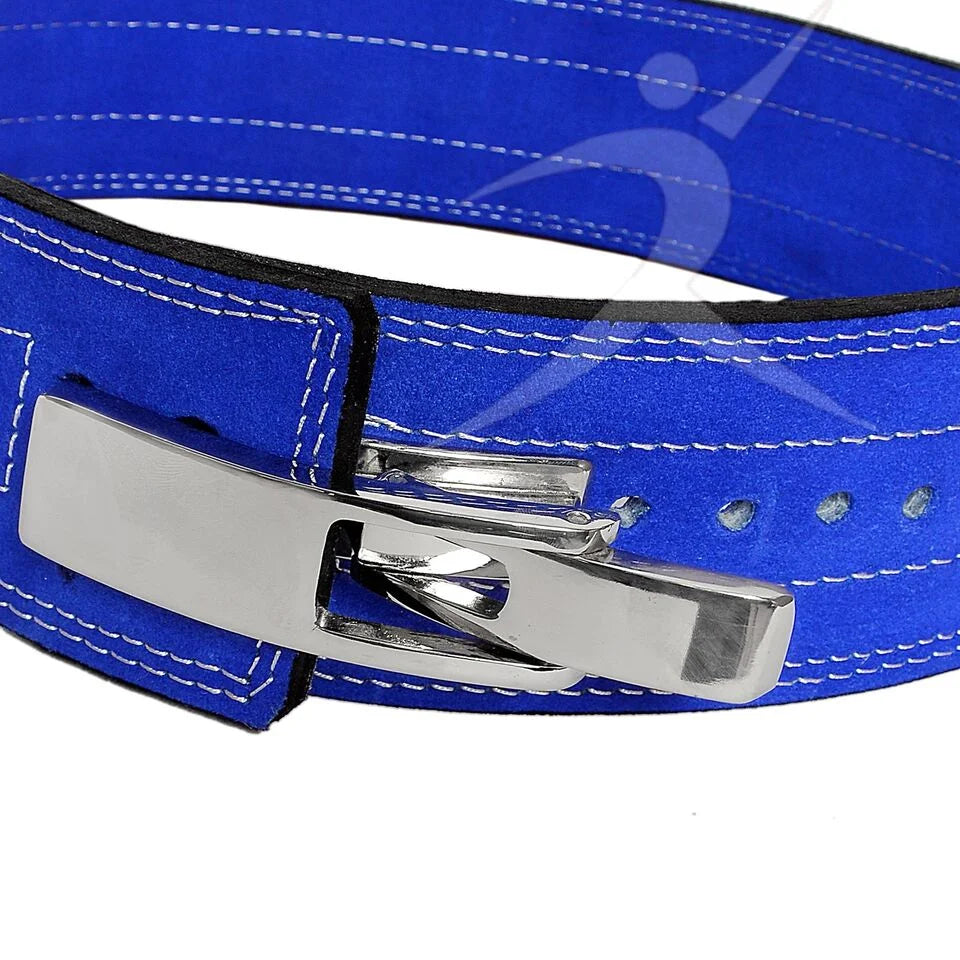 Belt worn around waist during squat lift demonstration in gym setting, illustrating how the lever pro belt secures core support during heavy barbell exercise movements.