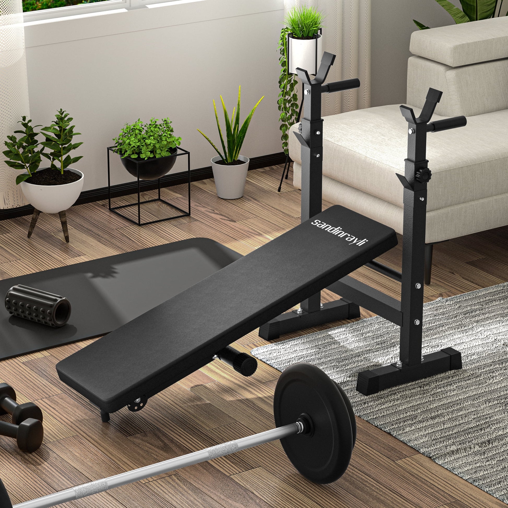 Bench in flat position aligned under barbell rack, showing clearance, pad alignment, and stability of the rack-bench system.