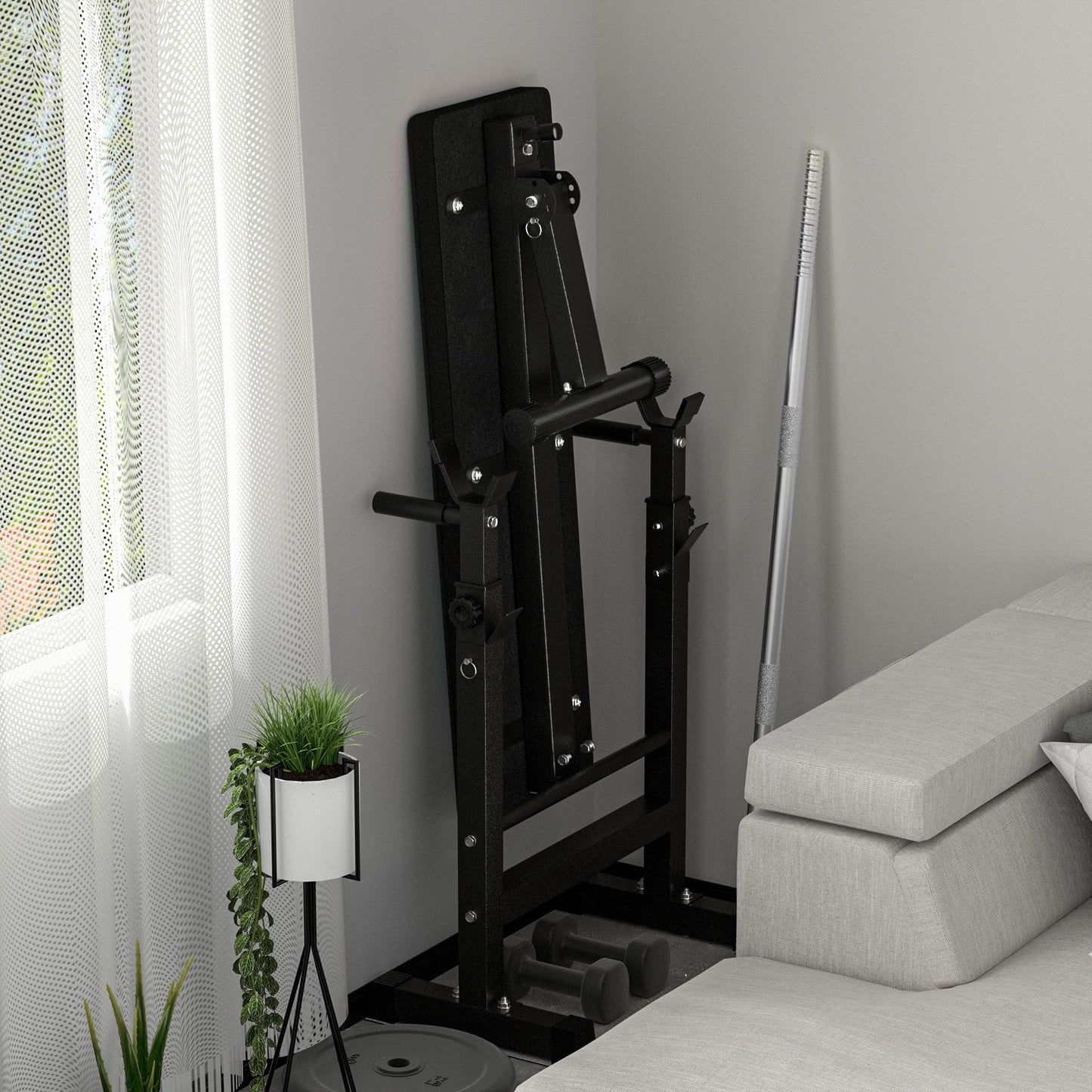 Bench folded in compact storage position, rack arms collapsed or folded, illustrating how it saves floor space when not in use.