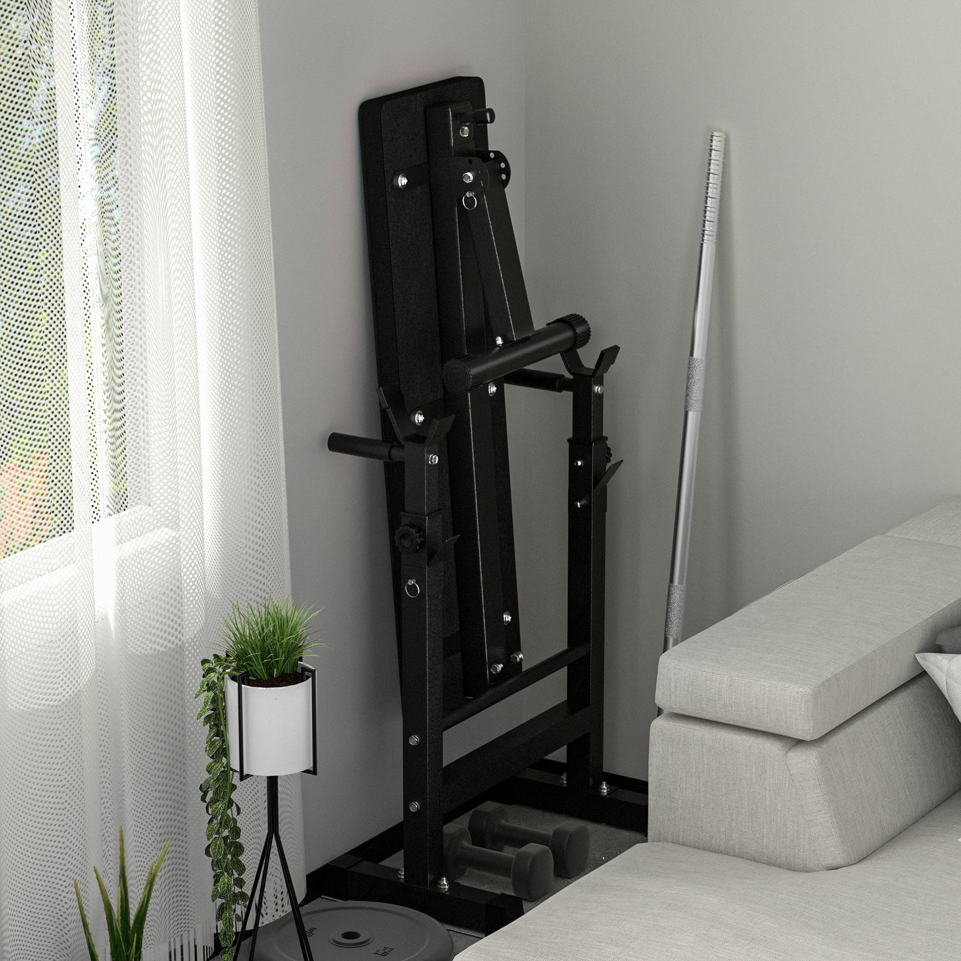 Bench folded in compact storage position, rack arms collapsed or folded, illustrating how it saves floor space when not in use.