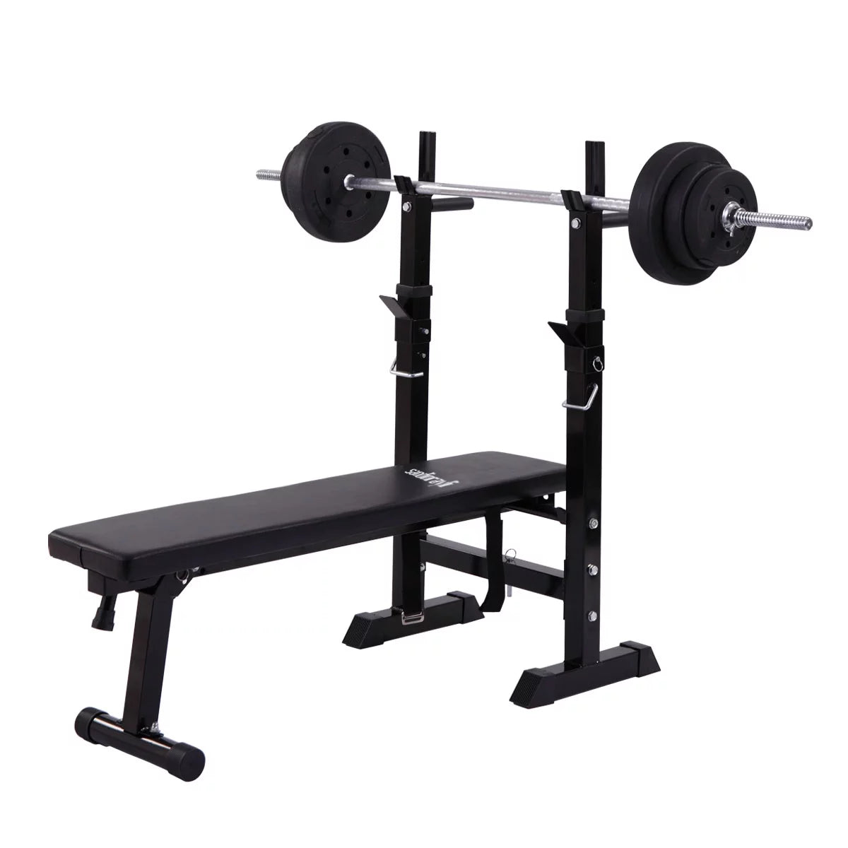 Bench set in incline position with barbell loaded on rack, demonstrating how users can press at angled positions using the bench and rack combo.