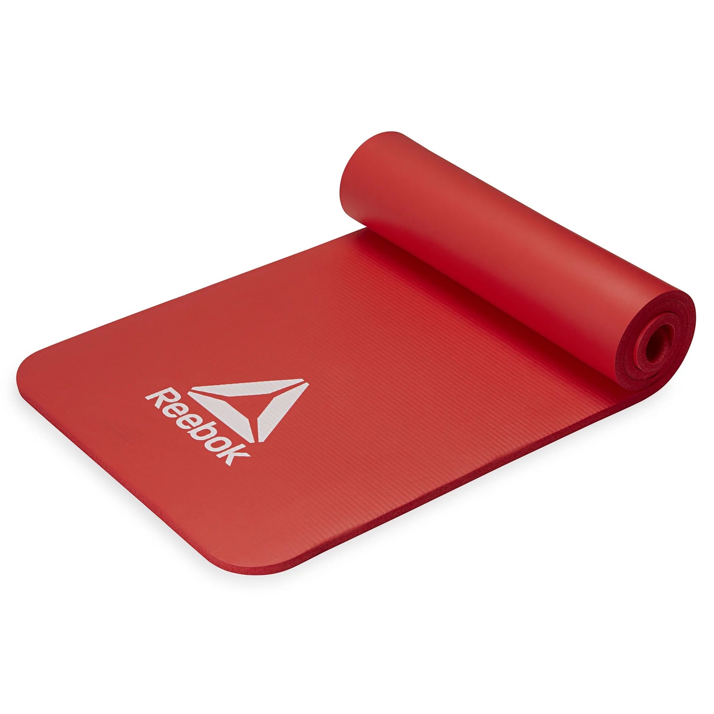 Rolled red 15mm fitness mat showing thickness and foam layers