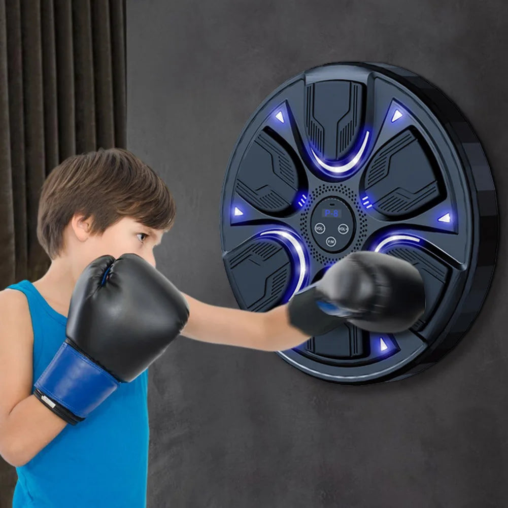 Boxing machine showing a smartphone screen linked to it via app, illustrating synchronization, tracking or score display in companion application.