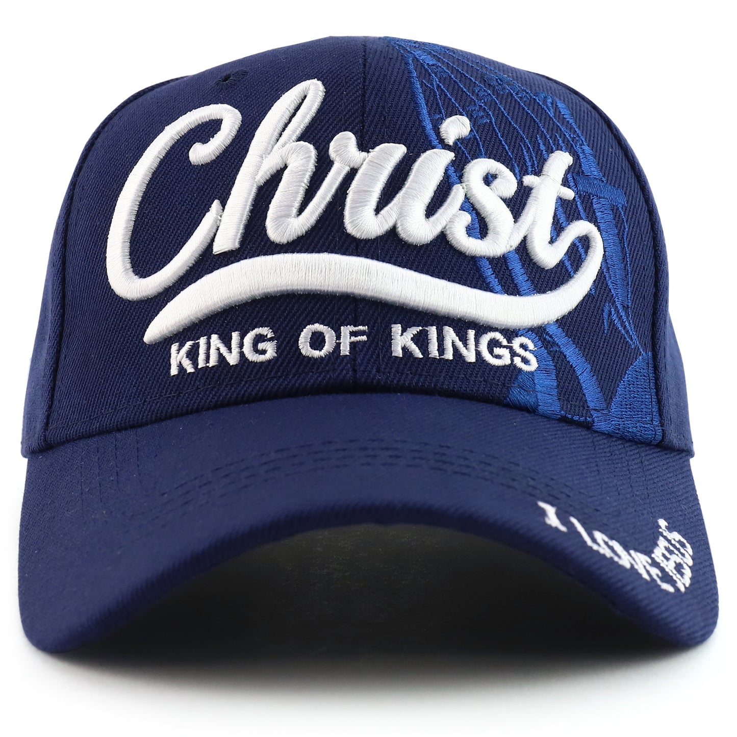 Side profile of the Christian ball cap showing the side panel and embroidered lettering of ‘King of Kings’ wrapping around the side and brim detailing.