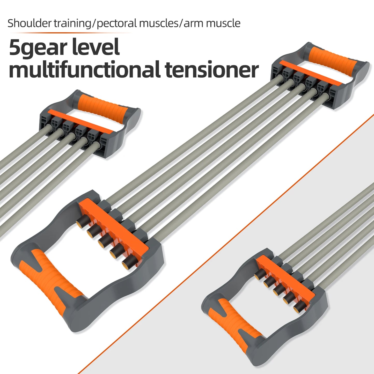 Close-up of chest expander rope detail and handle, showing high-quality rubber cords, durable construction, and ergonomic grip handles.