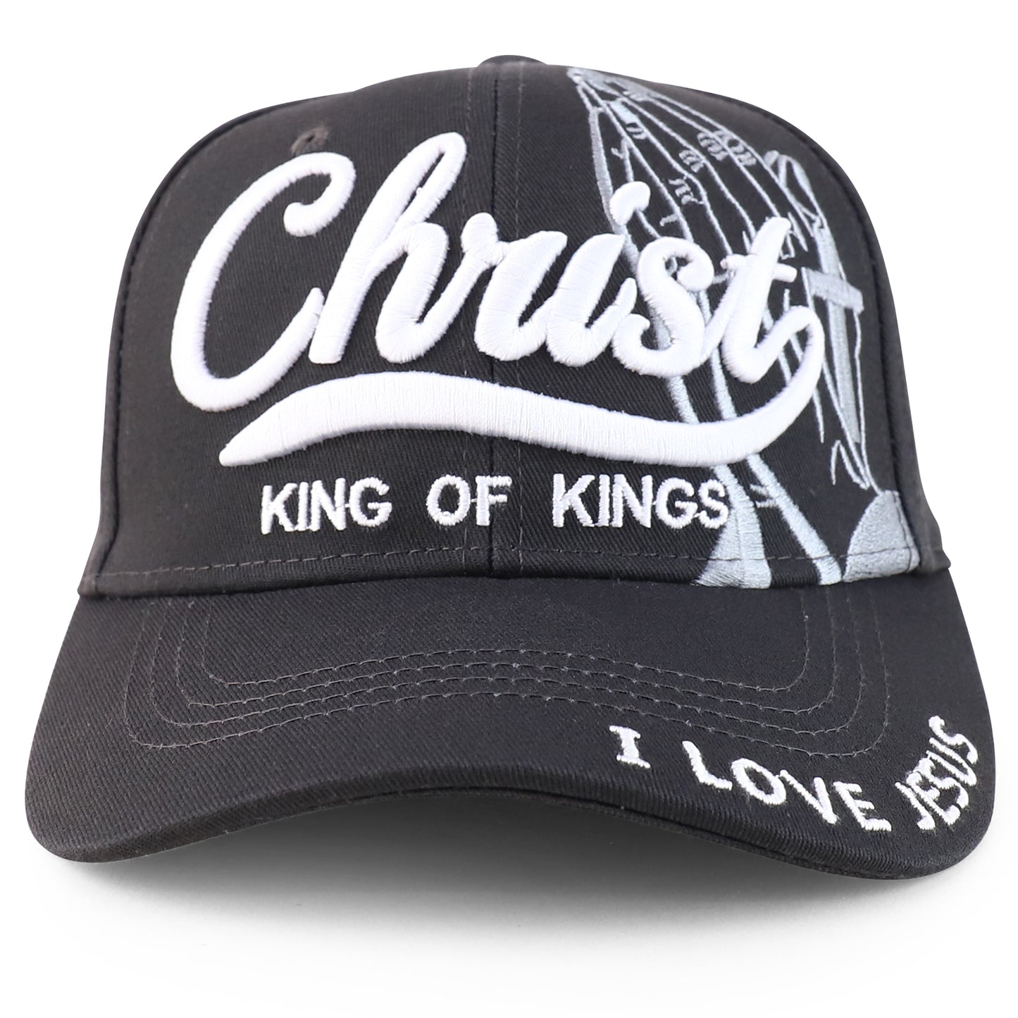 Close-up of the 3D embroidery showing raised stitching, thread texture, depth, and how the Christ design stands out from the cap fabric.