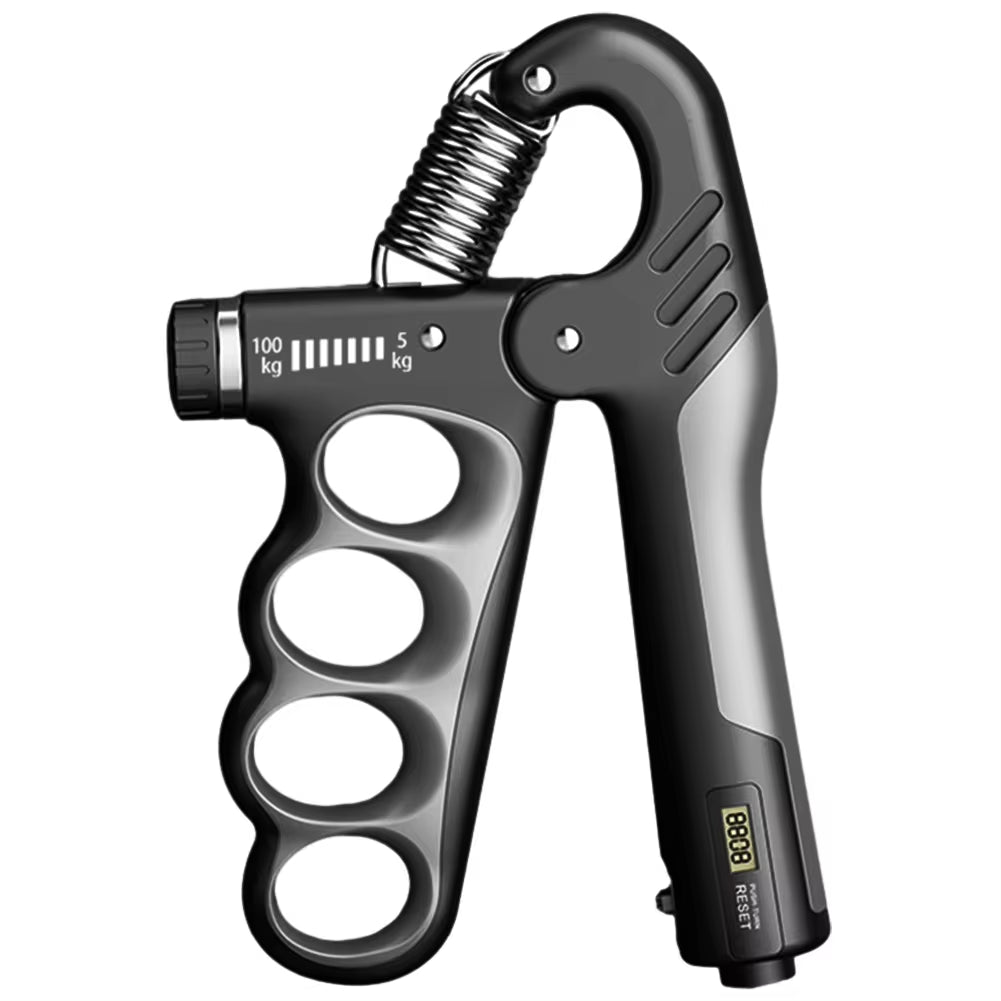 button controls and digital screen interface on the hand grip dynamometer, showing memory / mode / unit selection features.