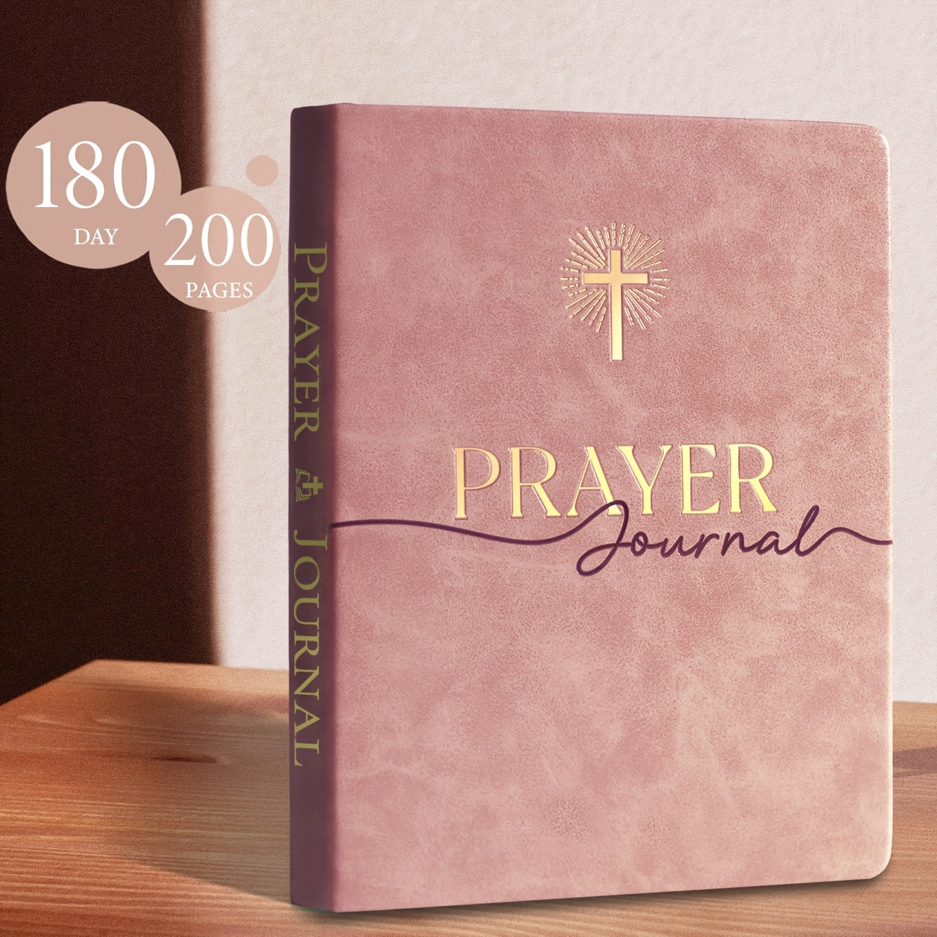 Close-up of the journal’s cover showing embossed scripture or design details, texture, stitching along edges, and quality of faux leather finish.