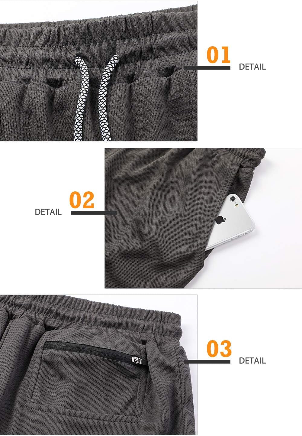 Close-up of fabric, liner, stitching and mesh / ventilation panel detail of the shorts to show texture, breathability, and quality seam finish.