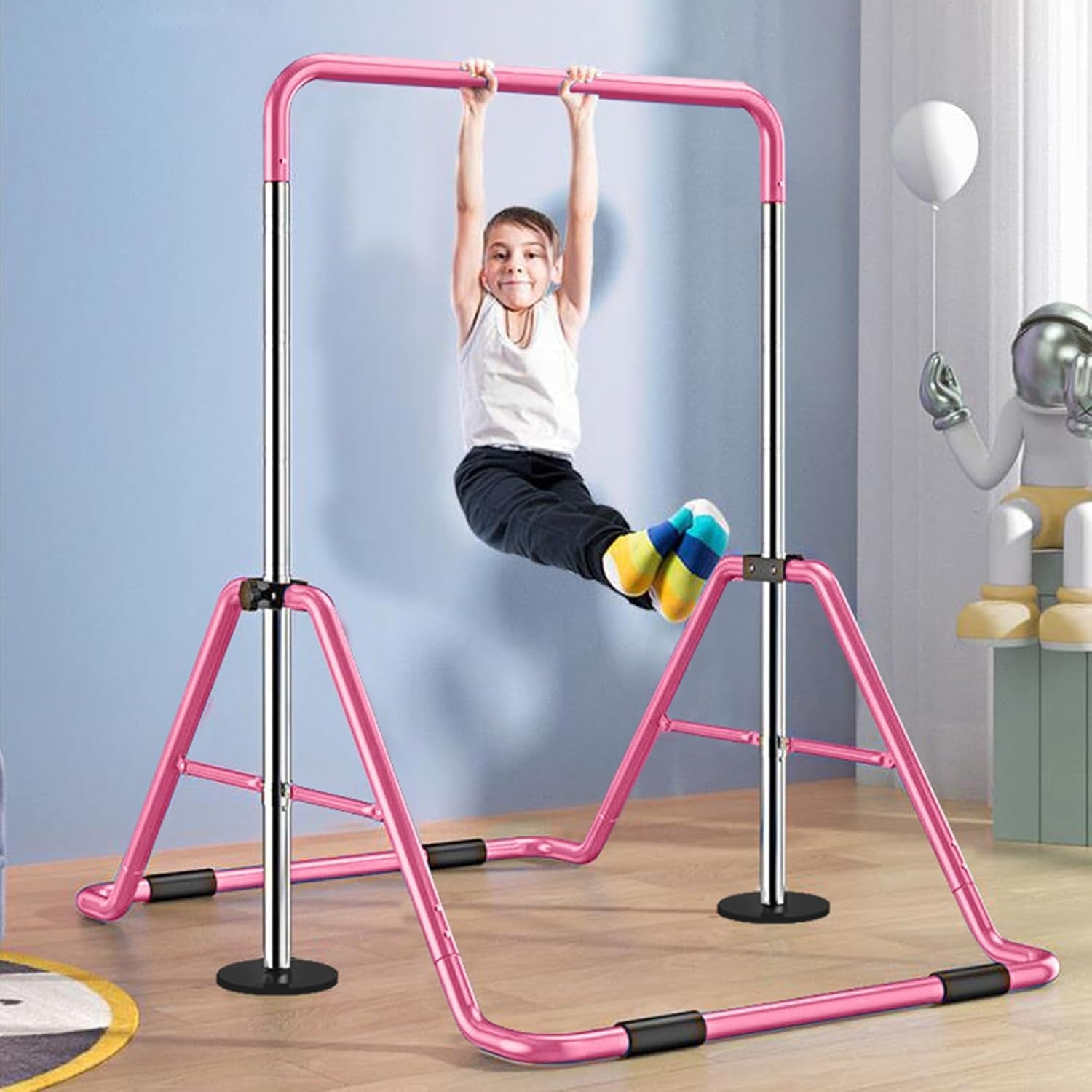 Close-up view of the height adjustment pins and locking mechanism, showing how the bar’s height is safely secured and can be changed for child growth.