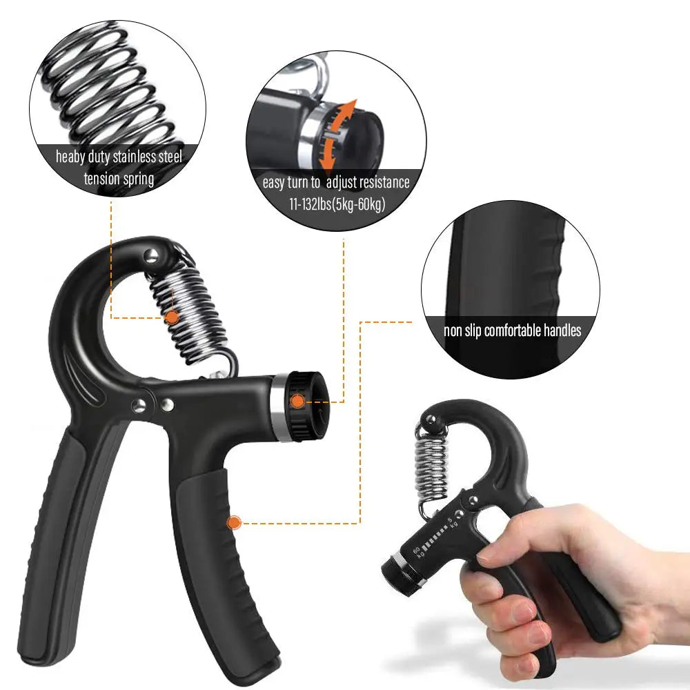 Close-up of grip device’s spring adjustment mechanism and surface texture, showing how resistance can be changed and how the grip ensures non-slip hold during use.