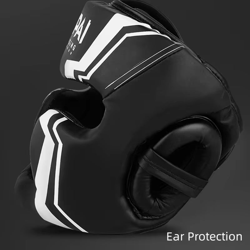 Close-up view of headgear padding foam layers, stitching, and material texture to showcase impact absorption zones and build quality.