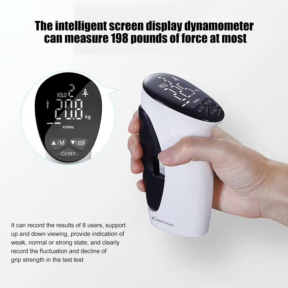 Close-up view of the LED display, mode / unit buttons and ergonomic interface of the digital hand grip dynamometer for measuring grip strength.