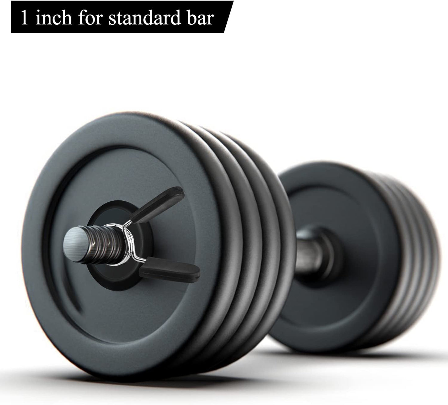 Collars laid out on white background showing length, internal diameter, spring clip construction, and how they compare to standard bar sizes.