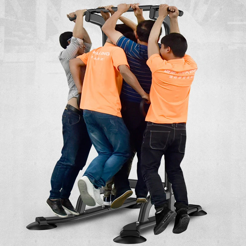 Compact footprint of power tower in small room showing space-saving design and positioning for apartments or home gyms with limited floor area.