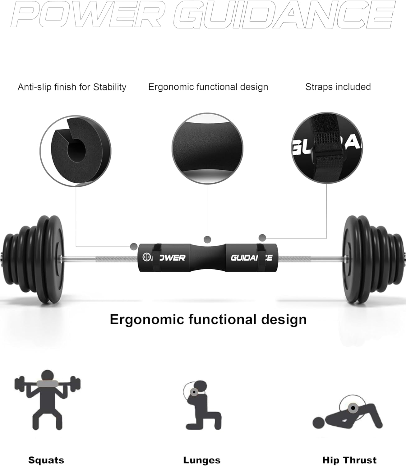 Protective pad mounted on barbell in gym environment, illustrating how it fits over the bar, ready for use during strength workouts and compound lifts.