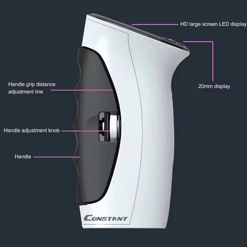 Side profile of the grip strength trainer showing the adjustable handle mechanism, grip thickness control, and durable build.