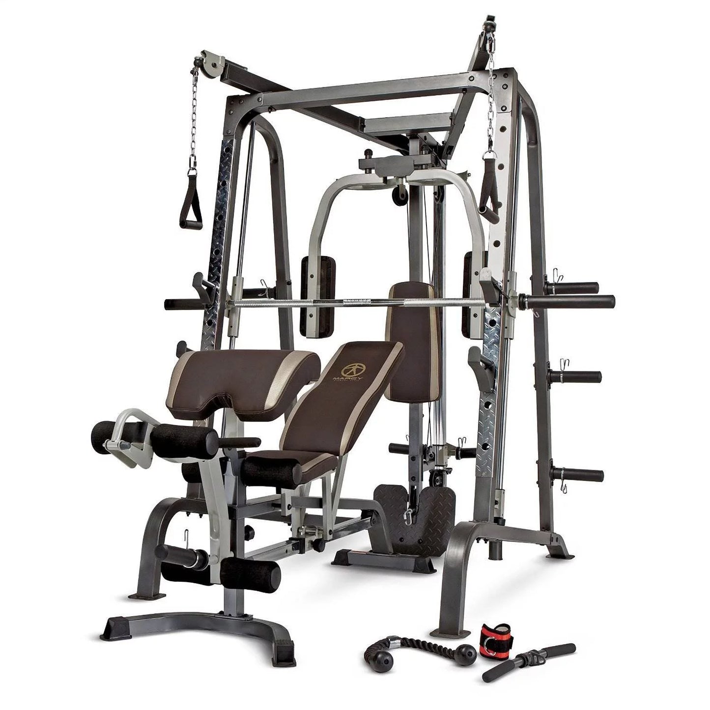 Diamond Elite Olympic Smith Cage Machine MD-9010G full structure multi-station home gym setup including cage, bench, cable crossovers, leg developer for complete strength training.