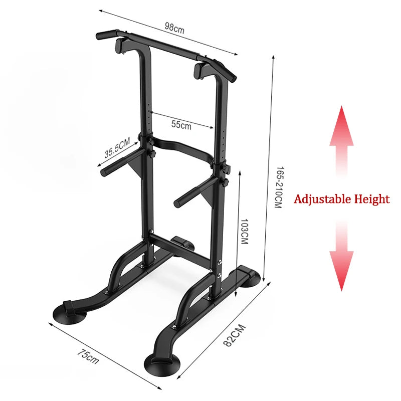 Dip bars on power tower demonstration, user doing dips on adjustable station arms, showcasing strength building and multi-function use for chest and triceps.