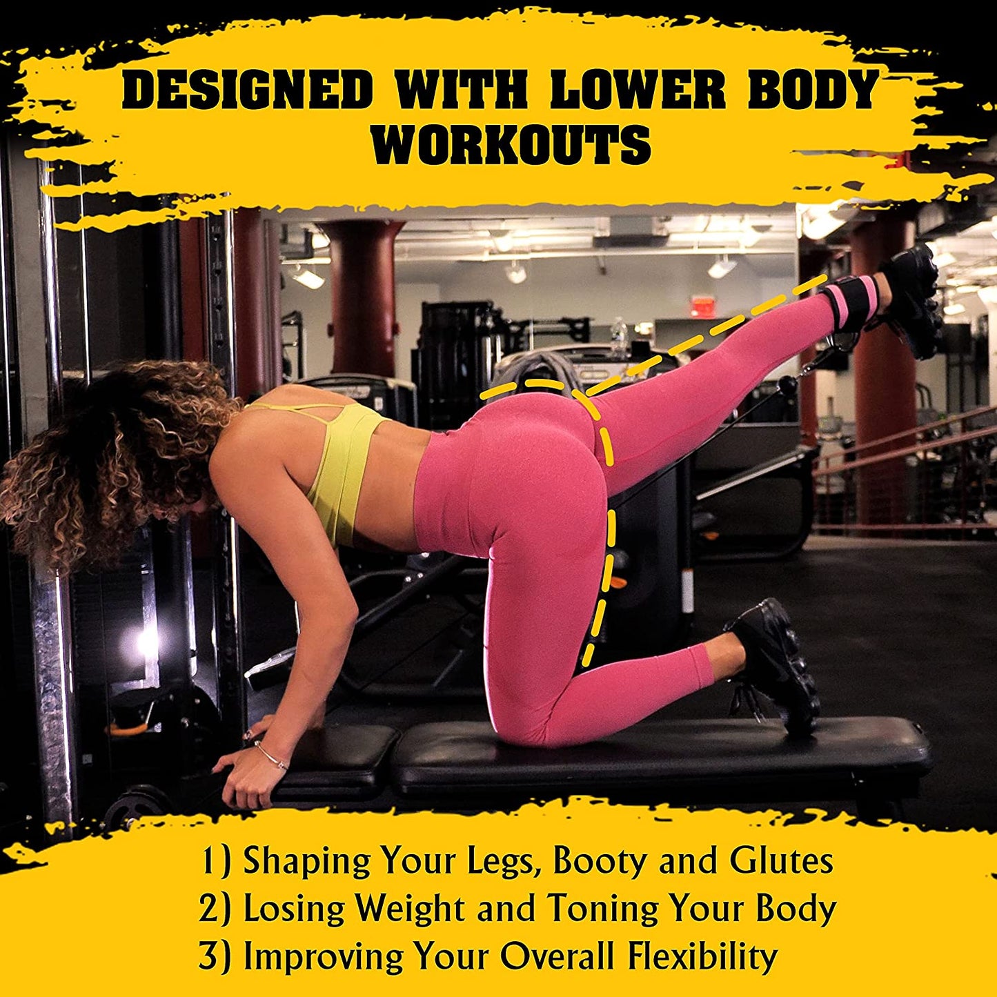Dual straps on both ankles while performing synchronized leg or glute exercises in gym setting, demonstrating usage symmetry and balance with the product.