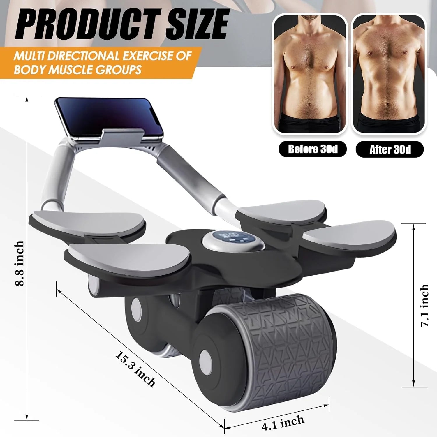 Dual-wheel model of the ab roller in use to illustrate additional stability design options and how they balance during side rollouts.