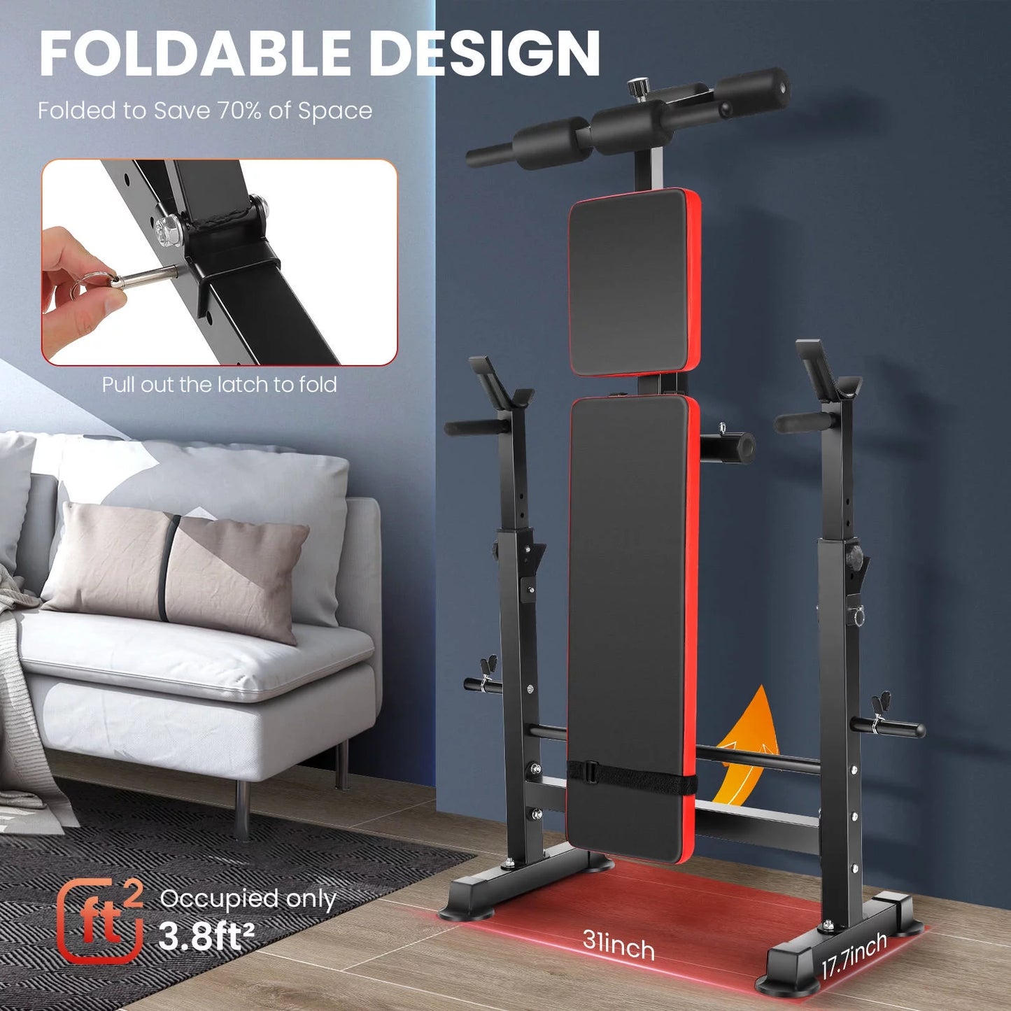 Durable adjustable gym bench set with removable foot bracket, integrated barbell rack, and resistance bands offering multi-purpose weight training for home fitness, body strength exercises, and complete workout versatility