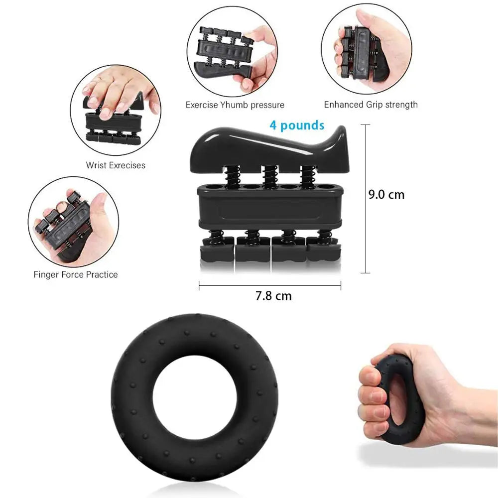 Finger stretcher / loop device used on fingers to perform extension exercises, showing the device’s role in balancing flexor/extensor training and preventing imbalances.