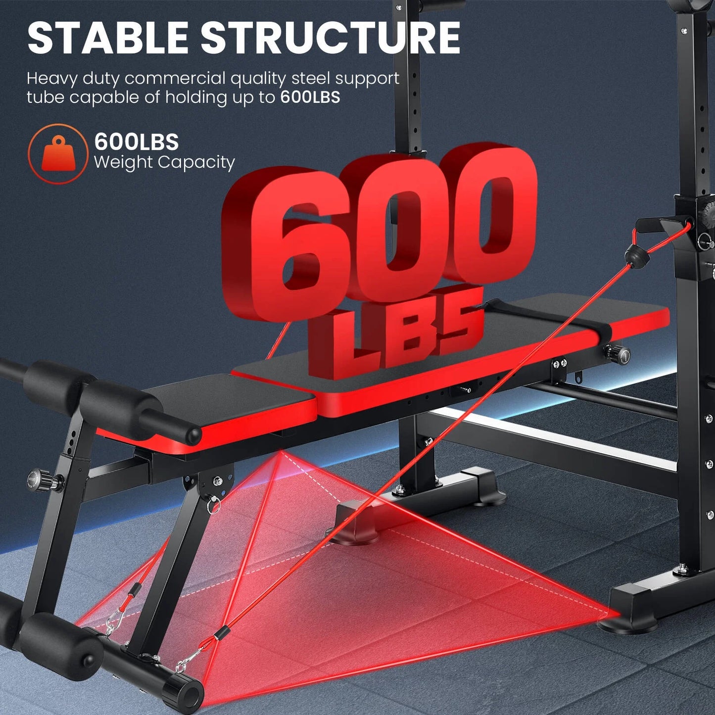 Foldable adjustable bench press bench with 6 in 1 functionality including incline, decline, flat modes, barbell rack, removable foot bracket, and resistance bands for small apartment home gyms