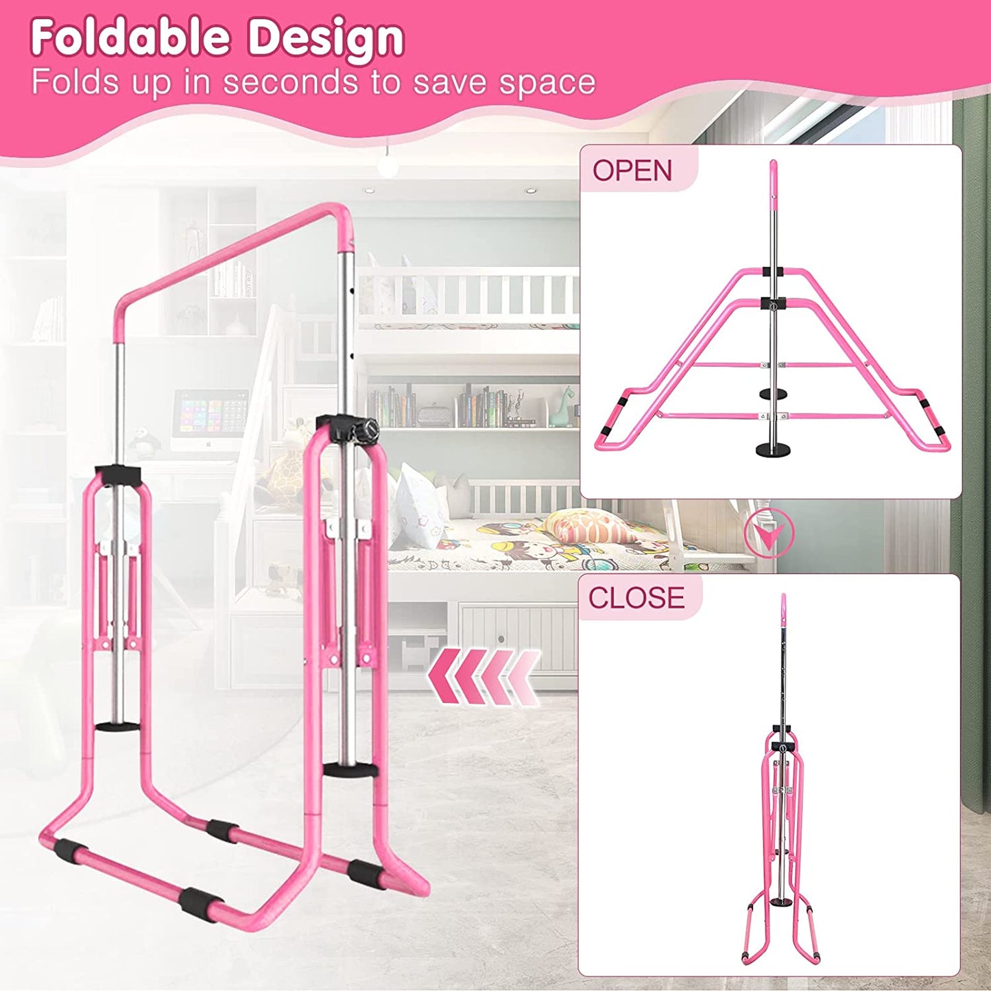 Gymnastics bar folded flat against a wall to illustrate the space-saving design, ideal for homes that need compact storage for training equipment.